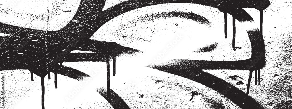 Naklejka premium Black graffiti spray paint on a textured wall with drips.