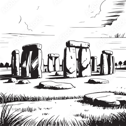 Stonehenge Ancient Monument Black and White Illustration