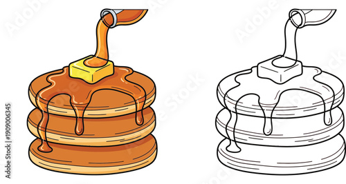 Stack of pancakes with butter and pouring maple syrup vector illustration with black and white coloring page outline.