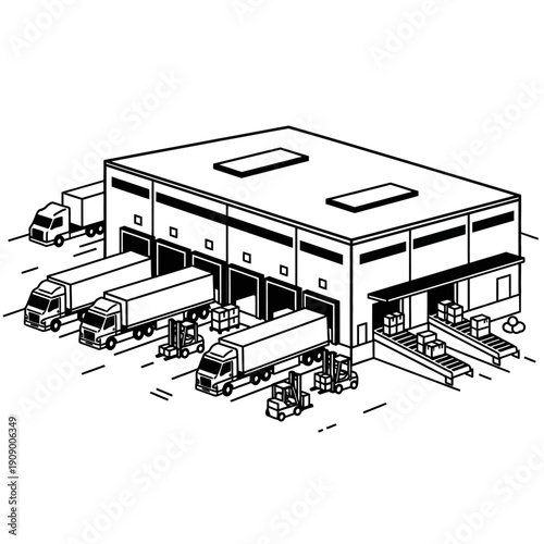 Trucks loading and unloading cargo.