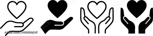 Charity care heart in hands icon set for donation and healthcare
