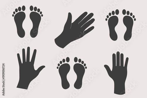 Handprint and footprint silhouette set illustration. Steps, track, trail concept. Black isolated graphic elements. Walker sole vector. Eps 10