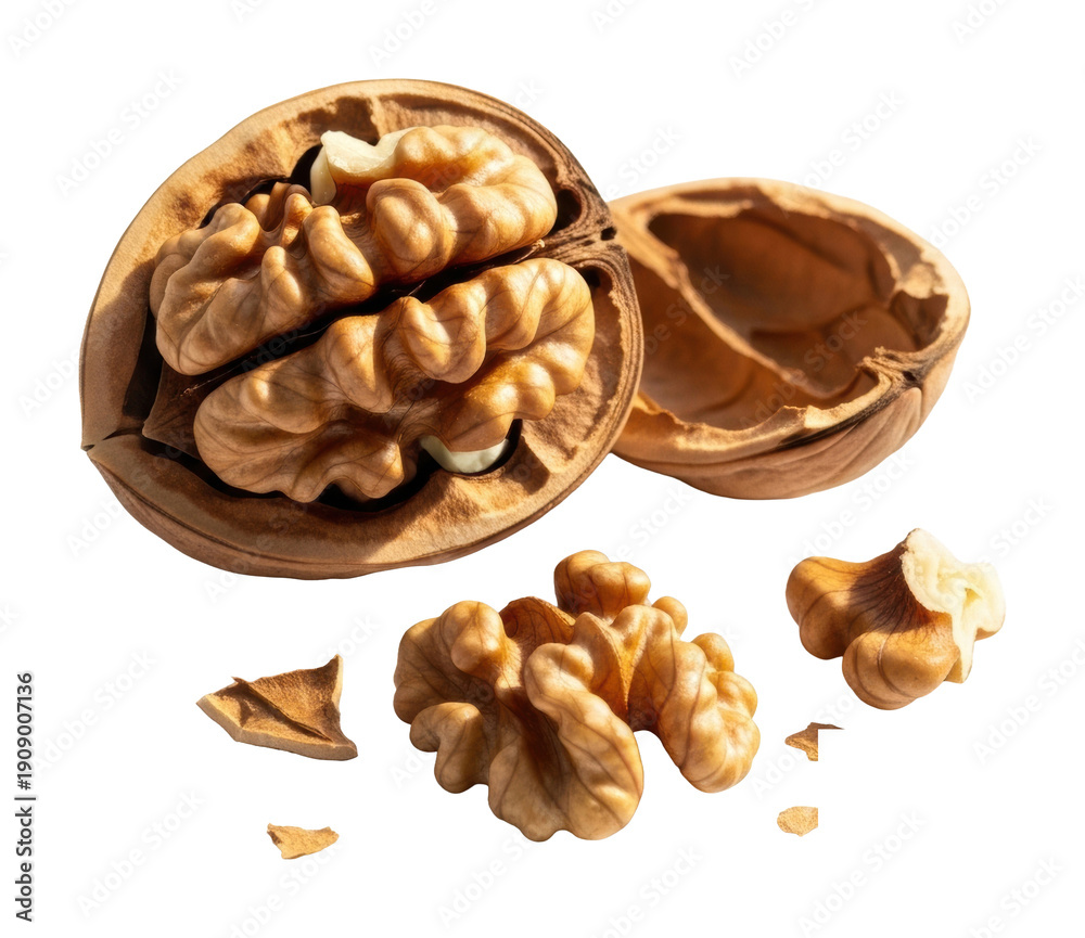 Obraz premium Cracking fresh walnuts kitchen food photography bright setup isolated on transparent background