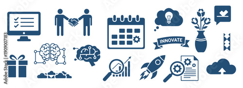 Business People Calendar Startup Icon Set, Office Corporate Hand Drawn Vector Clipart, Rocket Launch Strategy Illustration Collection, Management Schedule Sketch Design Pack, Team Work Line Art Elemen