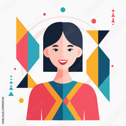 A smiling woman with dark hair and colorful geometric shapes around her upper body in a graphic illustration download