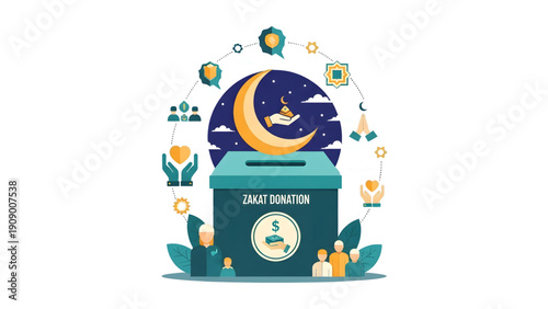 Zakat donation box with crescent moon and people giving