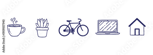 Vintage Bicycle Retro Transport Doodle Set, Classic Bike Hand Drawn Vector Clipart, Cycling Adventure Illustration Collection, Urban Ride Sketch Design Pack, Pedal Wheel Line Art Elements, Blue Tone B