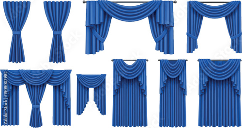 Collection of elegant blue velvet curtains and drapes.