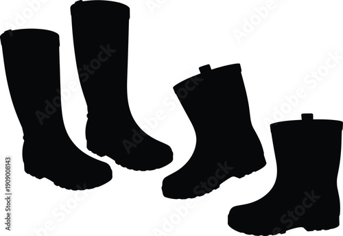 Four rubber boot silhouettes in pairs, isolated black outline design showing tall and short styles for fashion, utility, weather protection, logos, and stock photography projects