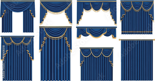 Luxurious Blue Velvet Curtains with Gold Trim and Tassels.
