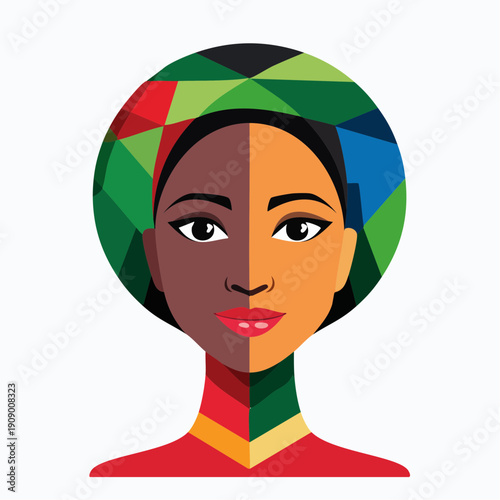Graphic Illustration of Diverse Woman with Geometric Afro Pattern Highlighting Cultural Identity and Dual Skin Tone