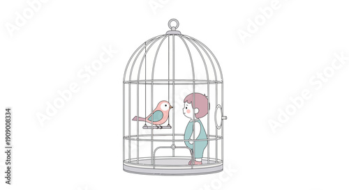 Curious child observes a small bird within an illustrative birdcage