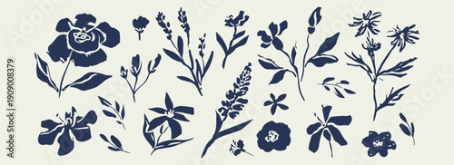 Botanical Leaf Branch Floral Blue Doodle Set, Nature Plant Hand Drawn Vector Clipart, Garden Foliage Sketch Illustration Collection, Herb Fern Twig Design Pack, Decorative Flora Line Art Elements, Blu