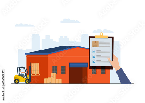 Flat vector of a warehouse with forklift and checklist, representing inventory control, quality inspection, and logistics workflow.