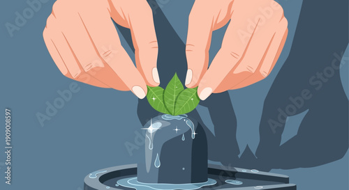 Hands carefully placing green leaves on a stone lingam, symbolizing reverence and spiritual offering in a tranquil setting