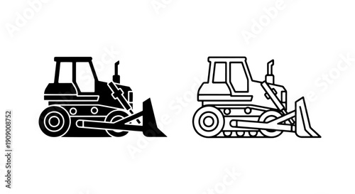 Crawler bulldozer icons, solid black and outline, for heavy construction and site work