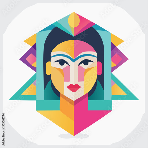 Vibrant Geometric Stylized Portrait of a Woman with Bold Minimalist Colors and Symmetrical Patterns
