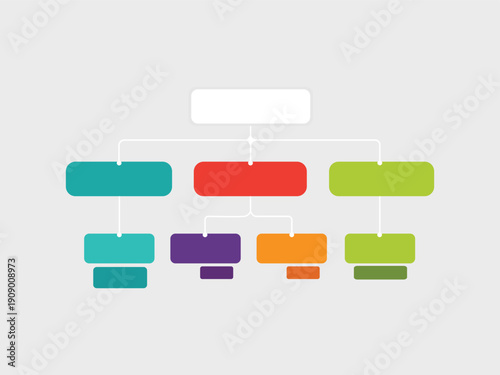 Multi level organizational flowchart template on gray background with colorful elements