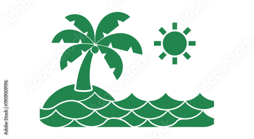 A tropical island with a palm tree and a small sun in the background.