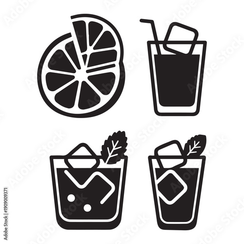 Collection of Minimalist Black and White Cocktail and Summer Drink Vector Icon Silhouettes.