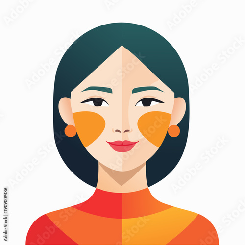 Vibrant Cartoon Woman with Dark Green Hair and Orange Gradient Shirt in Stylized Illustration Against Clean Background
