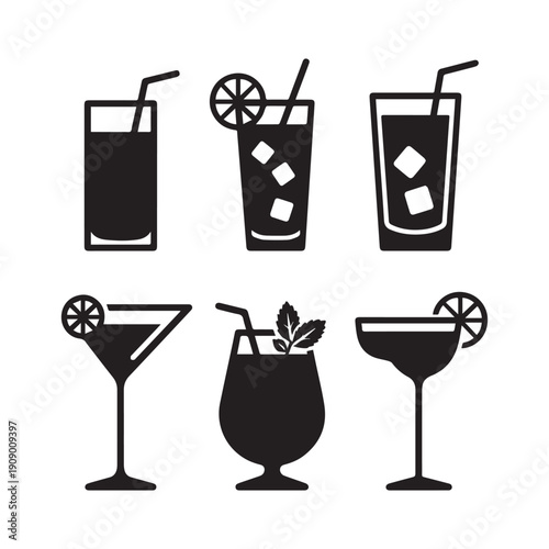 Collection of Minimalist Black and White Cocktail and Summer Drink Vector Icon Silhouettes.