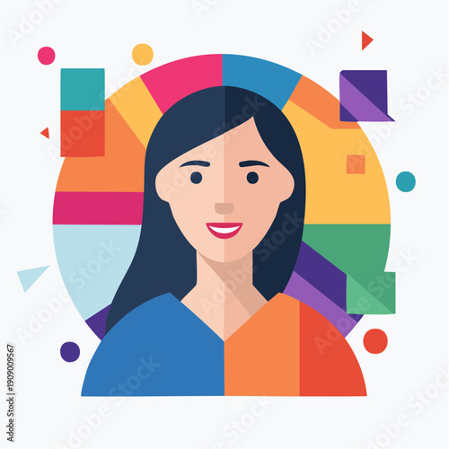 Digital Illustration of Centered Woman with Multicolored Geometric Background, Playful Design, Stylized Portrait with Vibrant Colors, Long Hair, and Split-Shirt Fashion