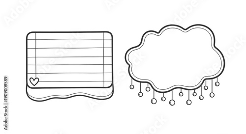 A drawing of a notepad and a cloud with raindrops
