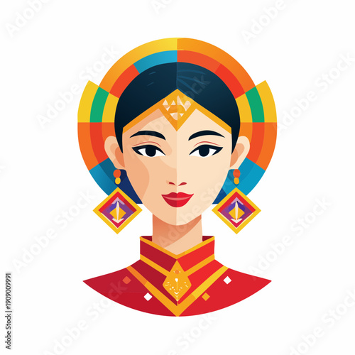 Stylized Cartoon Woman in Traditional Attire with Ornate Jewelry and Gold Headpiece on White