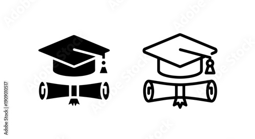 Graduation Cap and Diploma Scroll Icon for Academic Ceremony and Educational Completion