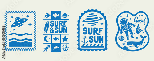 Surf Sun Beach Vintage Badge Logo Set, Surfing Club Retro Emblem Vector Clipart, Wave Board Typography Design Collection, Summer Ocean Sport Illustration Pack, Coastal Lifestyle Patch Label Elements, 