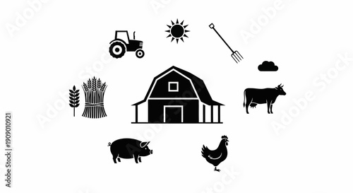 Farm life icons set, rural agriculture elements