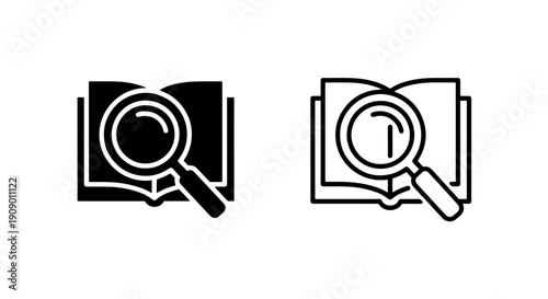 Open Book and Magnifying Glass Icon for Library Research and Academic Study