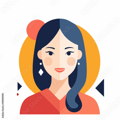 Cartoon Illustration of Smiling Woman with Red Shirt and Blue Waves in Vibrant Design