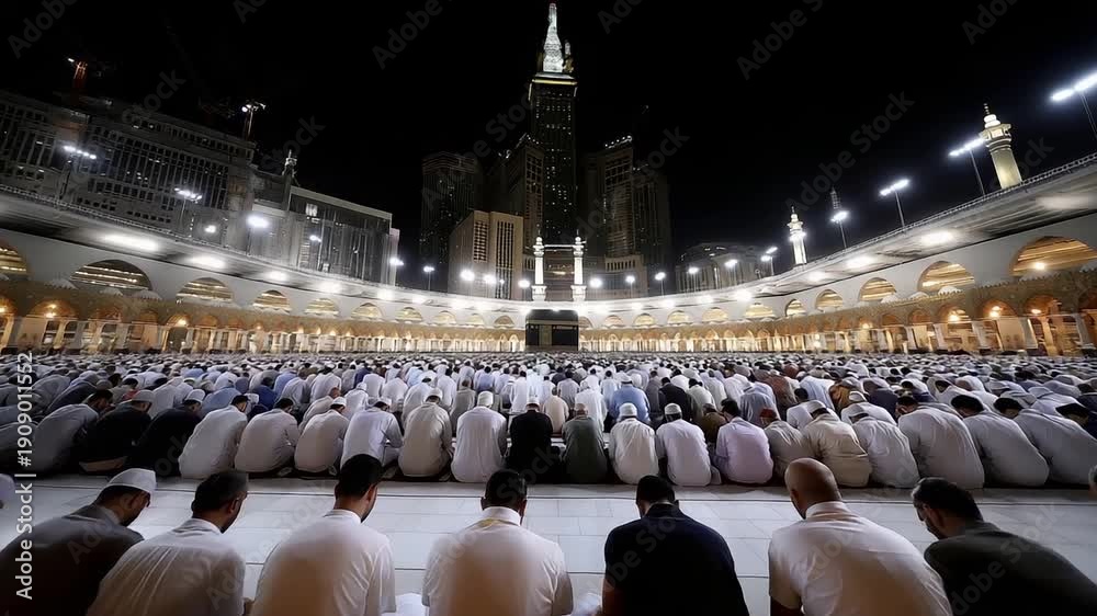 Grand Mosque of Mecca at Taraweeh prayer Islamic worship gathering