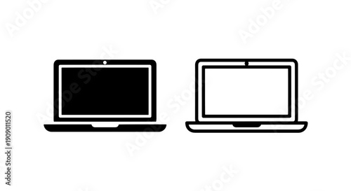 Minimalist laptop computer symbols in solid and stroke versions for digital design