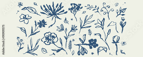 Blue Botanical Floral Mushroom Doodle, Hand Drawn Plant Leaf Illustration Set, Nature Wildflower Sketch Clipart Bundle, Vintage Botanical Ink Drawing Design, Garden Flora Element Graphic Collection, O