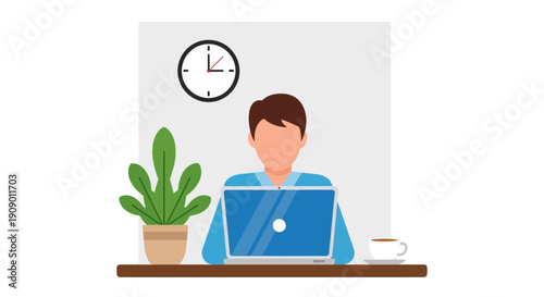 Man working on laptop at desk with clock and coffee