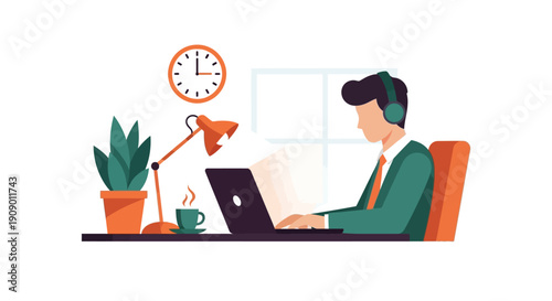 Businessman working remotely with laptop and headset in modern office