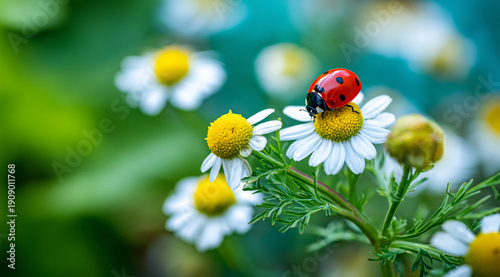 A ladybug crawls over a chamomile flower.