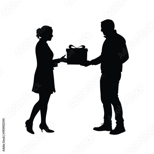 new year gift exchange silhouette vector illustration, A couple exchanging a gift box in a heartwarming moment silhouette vector illustration