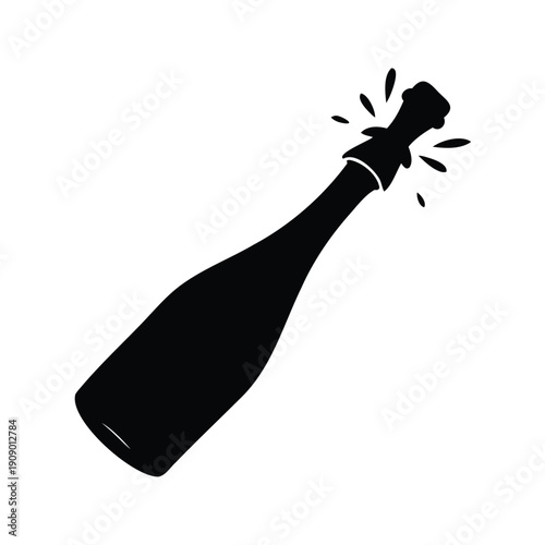 opened champagne bottle with cork popping silhouette vector illustration, Celebration with popping champagne bottle, silhouette vector illustration of festive moment
