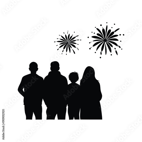 people watching fireworks silhouette vector illustration, Family enjoying fireworks display, silhouette vector illustration of parents and kids watching sparklers