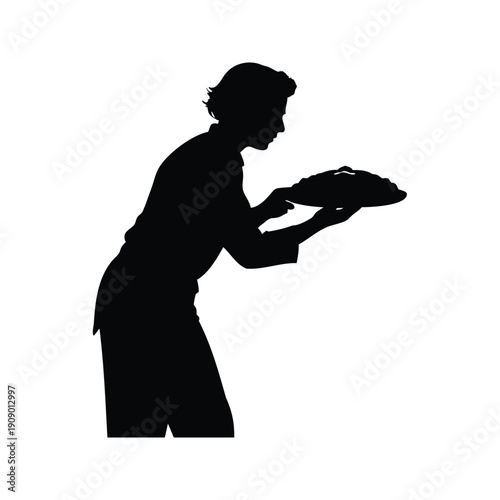 pie baking silhouette vector illustration, Cook holding plate silhouette vector illustration of a chef serving food