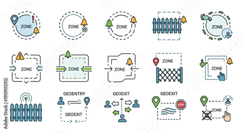 Geofencing Icons Set, Location-Based Services