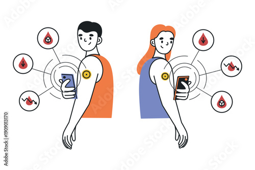 Fotografi Man and woman using wearable glucose patch and smartphone to check blood sugar levels