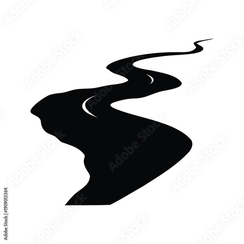 river flowing through valley silhouette vector illustration, Silhouette of a winding river flowing through a landscape vector illustration