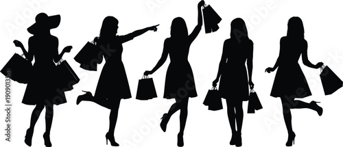 Shopping silhouettes, women with bags, fashion illustration, retail lifestyle art, consumer behavior design, stylish figures, dynamic poses, shopping spree graphic