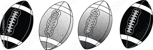 American football ball illustration set in black and white styles, classic leather texture variations, sports equipment design collection isolated on white background
