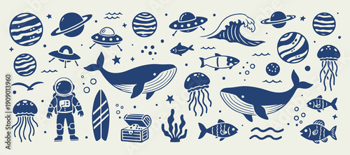 Blue Business Ocean Marine Icon Set, Whale Jellyfish Sea Creature Clipart, Corporate Handshake Chart Illustration Bundle, Mixed Category Element Graphic Design, Marine Life Business Symbol Collection,
